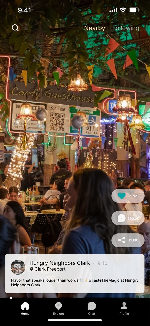 The Chuzz feed with the like, comment and share controls visible over a restaurant video.