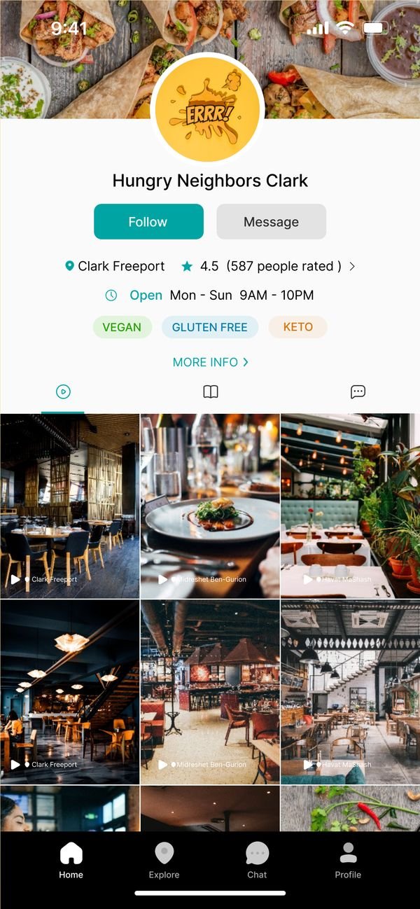 A Chuzz restaurant page showing dietary tags, opening hours, rating and a media gallery.