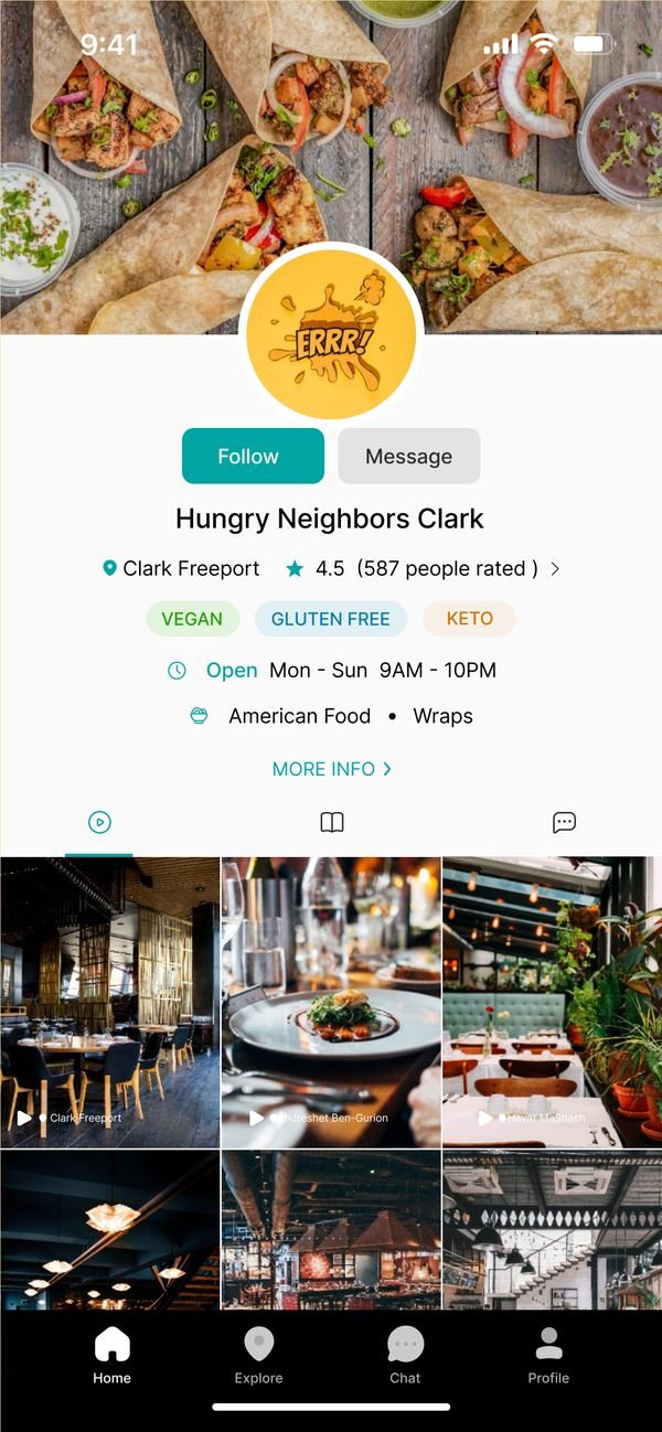 A Chuzz restaurant page showing rating, opening hours, dietary tags and a gallery.